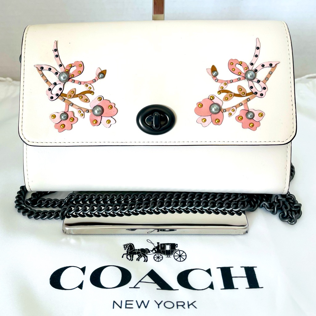 Coach Turnlock Floral Embroidery Chalk Crossbody Purse With Dust Bag